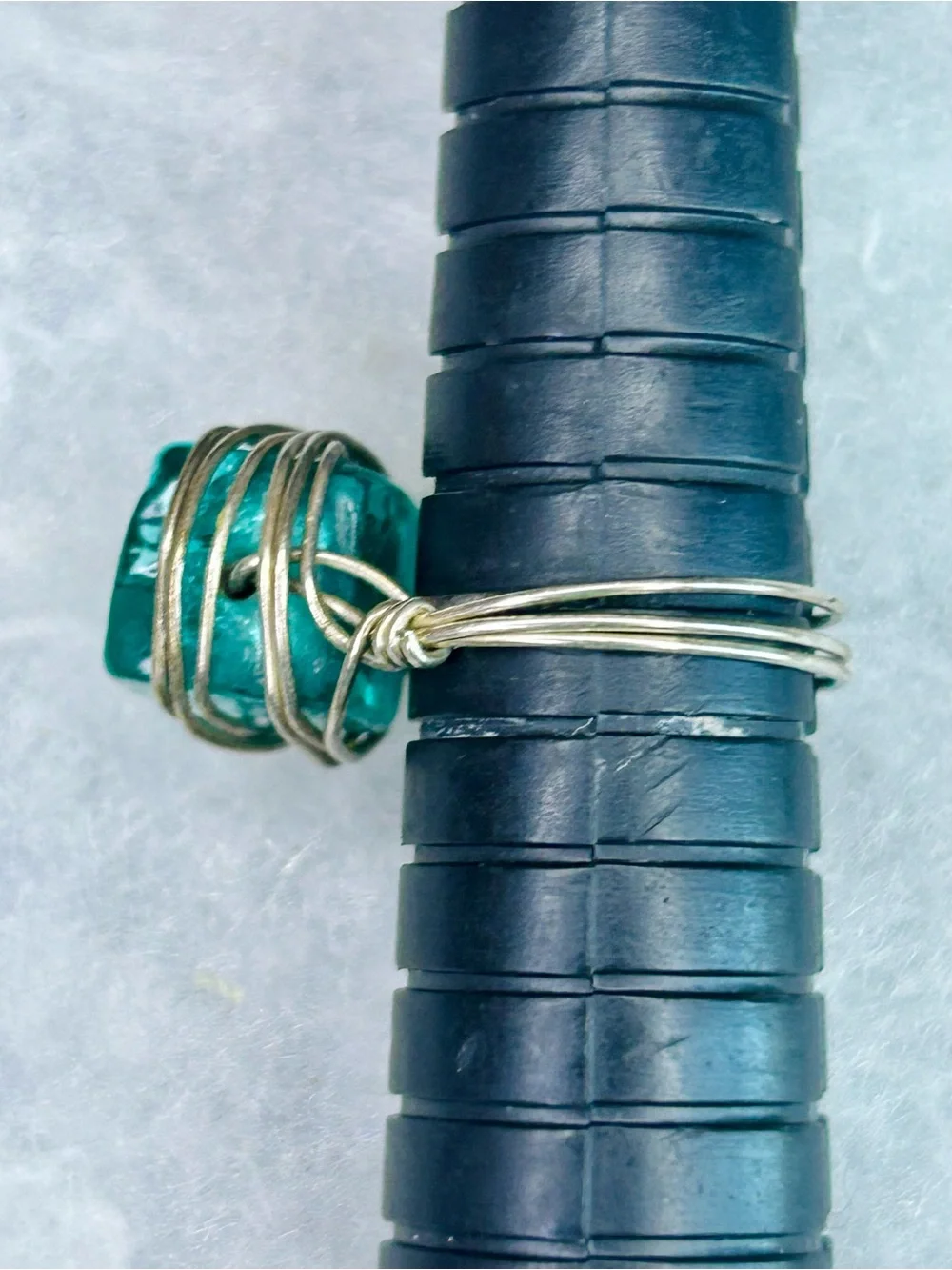 Vintage Artisan Wire Wrapped Aqua Glass Statement Ring (c. 2000s–2010s)